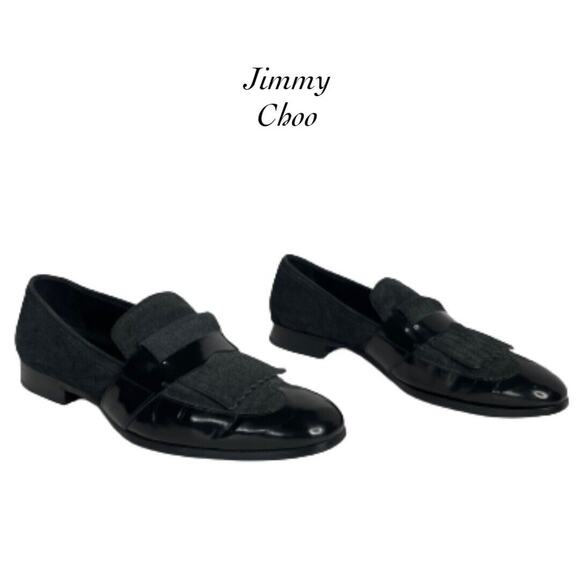 Jimmy Choo Men’s Black Patent Leather Brushed Denim Loafers Size EU 44 / US 11 - Picture 1 of 11
